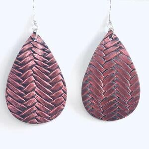New Boutique Lightweight Faux Leather Maroon Braided Teardrop Hook Earrings